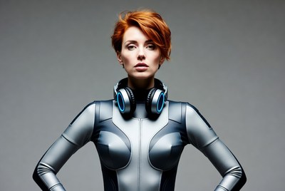 Redhead woman in silver bodysuit with headphones