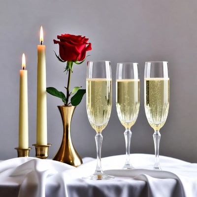 Red Rose with Champagne Glasses and Candles