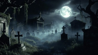 Moonlit Foggy Cemetery with Graves