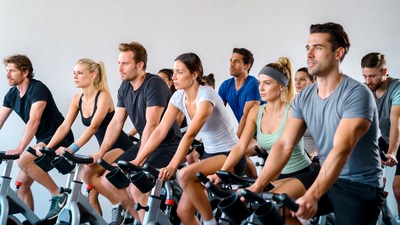 Group spinning class on exercise bikes