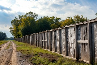 Long weathered wooden fence in field