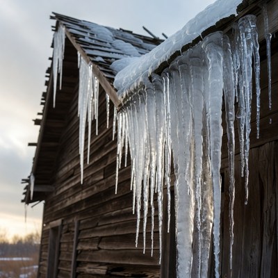Icicles Hanging from Wooden Roof