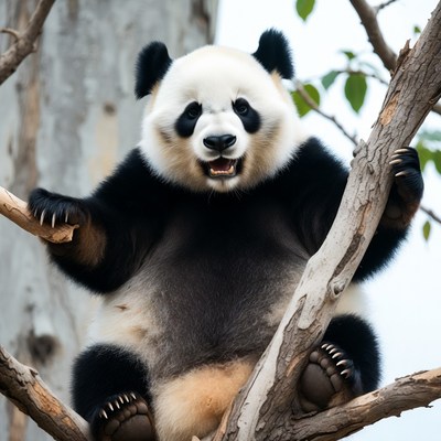 Baby panda climbing tree branch