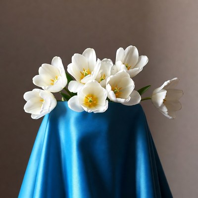 White tulips on blue fabric