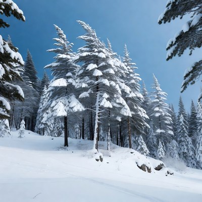 Snowy Pine Trees on Mountain Slope