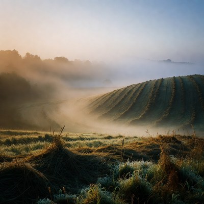 Foggy Sunrise Over Rolled Hay Fields