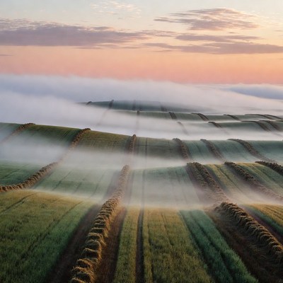 Foggy Fields at Sunrise