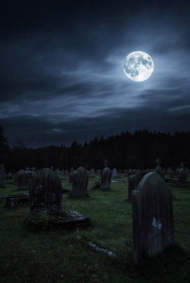 Full Moon Over Cemetery at Night