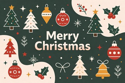 Merry Christmas Illustration with Trees and Ornaments