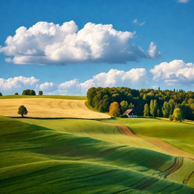 Rolling Green Hills with Farmhouse