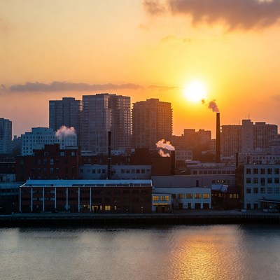 Sunset over city skyline and smokestacks