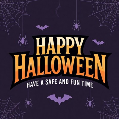 Happy Halloween graphic with bats and spiders