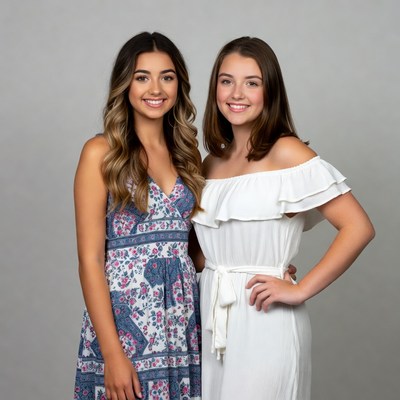 Two smiling teenage girls in dresses