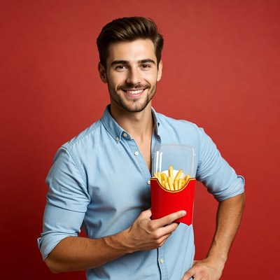 Handsome man holding french fries