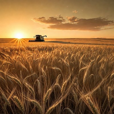 Combine Harvester in Wheat Field at Sunset
