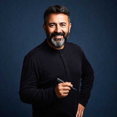 Smiling man holding pen