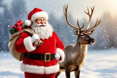 Santa Claus with reindeer in snow