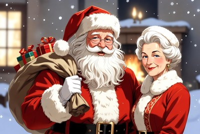 Santa Claus and Mrs. Claus by Fireplace