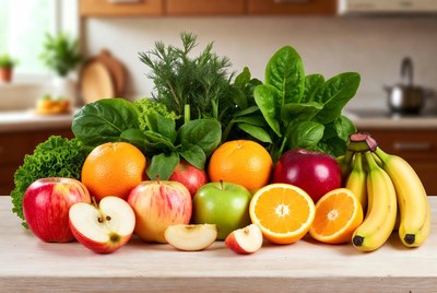 Fresh fruits and vegetables on kitchen counter