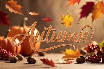Autumn Text with Pumpkins and Leaves