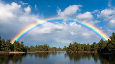 Rainbow over lake and pine forest