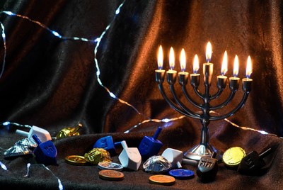 Hanukkah Menorah with Dreidels and Coins