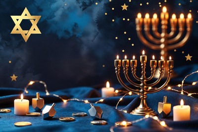 Hanukkah Menorah with Dreidels and Coins