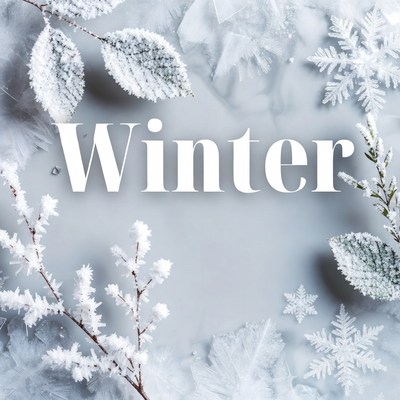 Winter Text with Frosty Leaves and Snowflakes