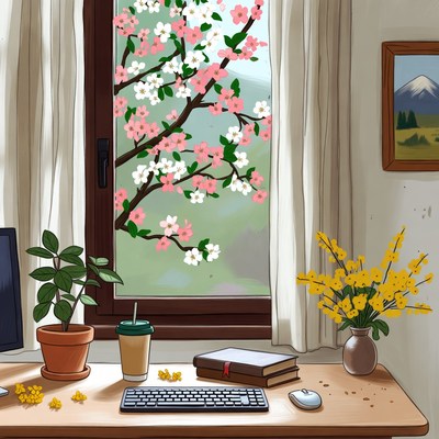 Desk with cherry blossoms window