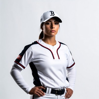 Woman in Boston baseball uniform