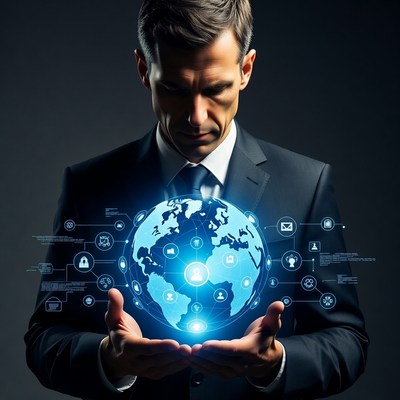 Man holding glowing digital globe