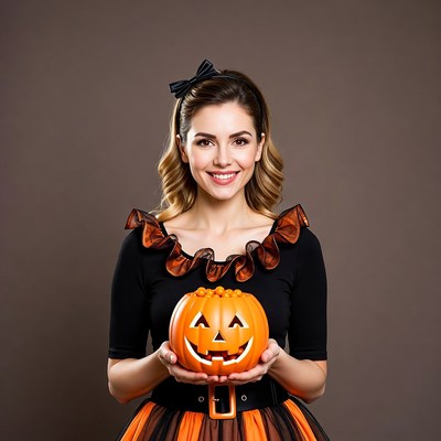 Woman holding jack-o-lantern pumpkin