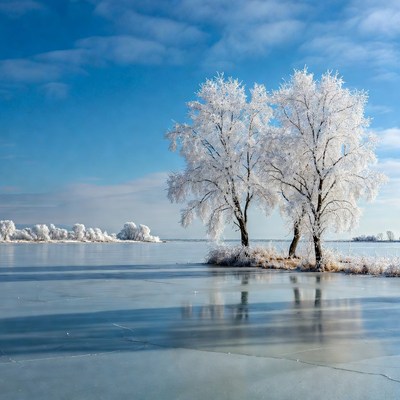 Frost-covered Trees by Frozen Lake