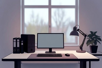 Modern Desk with Computer and Lamp
