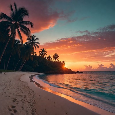 Tropical Beach Sunset with Palm Trees