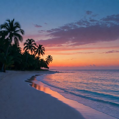 Tropical Beach Sunset with Palm Trees