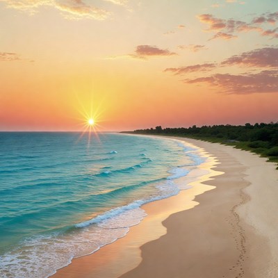 Tropical Beach Sunset Over Ocean
