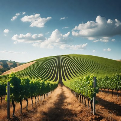 Vineyard Rows on Green Hillside