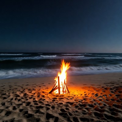 Bonfire on Beach at Night