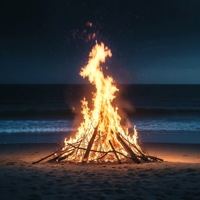 Bonfire Burning on Beach at Night