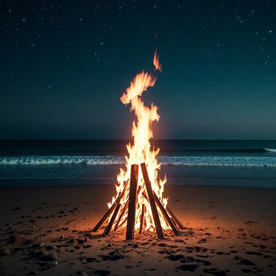 Bonfire on Beach at Night