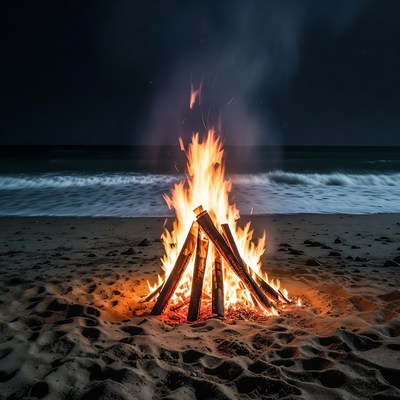 Beach Bonfire at Night