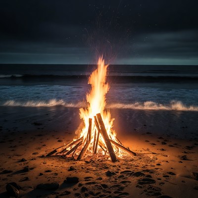 Bonfire on Beach at Night