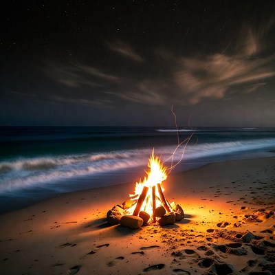 Beach Bonfire at Night