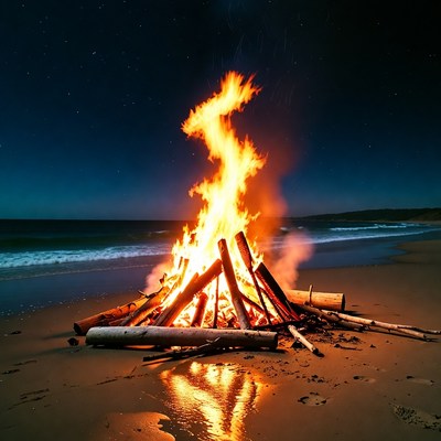 Beach Bonfire at Night
