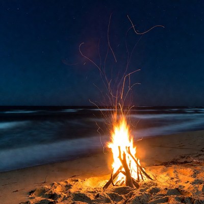 Bonfire on Beach at Night