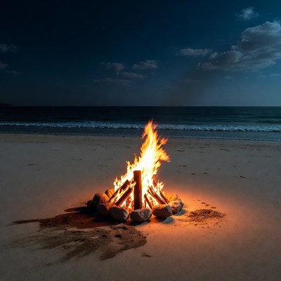 Bonfire on Beach at Night