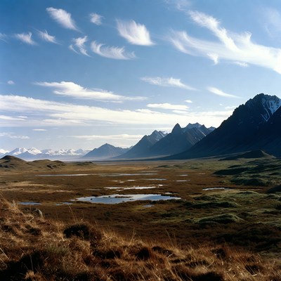 Snowy Mountains Over Vast Tundra Plain