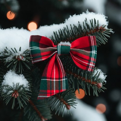 Red Plaid Bow on Snowy Christmas Tree