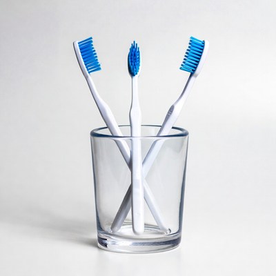 Three Blue Toothbrushes in Glass